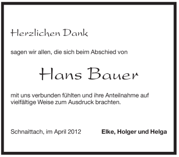 Traueranzeige von Hans Bauer von Pegnitz-Zeitung